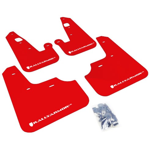 Red w/White Logo Rally Armor Mud Flaps Guards for 08-15 Lancer & Ralliart