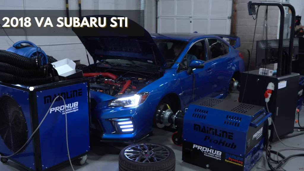 blue 2018 VA Subaru STi loaded onto a Mainline Dyno for tuning